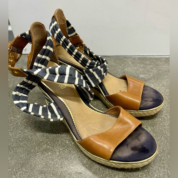 Sperry Shoes - Sperry Top Sider Aurora Blue White Cross Striped Leather Wedge Sandals Size 8